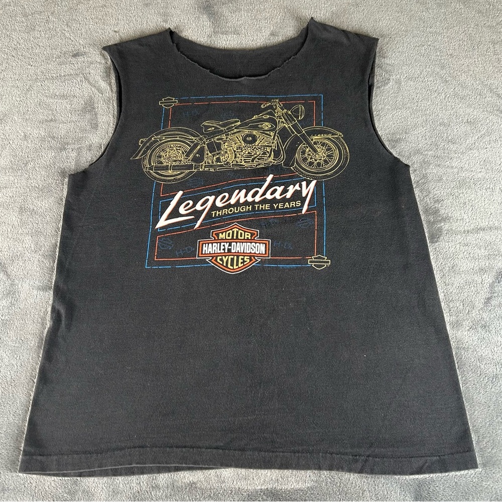 Vintage Harley Davidson T Shirt Mens Black Cut Off Sleeves & Neck Thru The Years